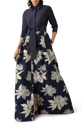 فستان سهرة جاكار بنمط قميص وتنورة بطبعة زهور